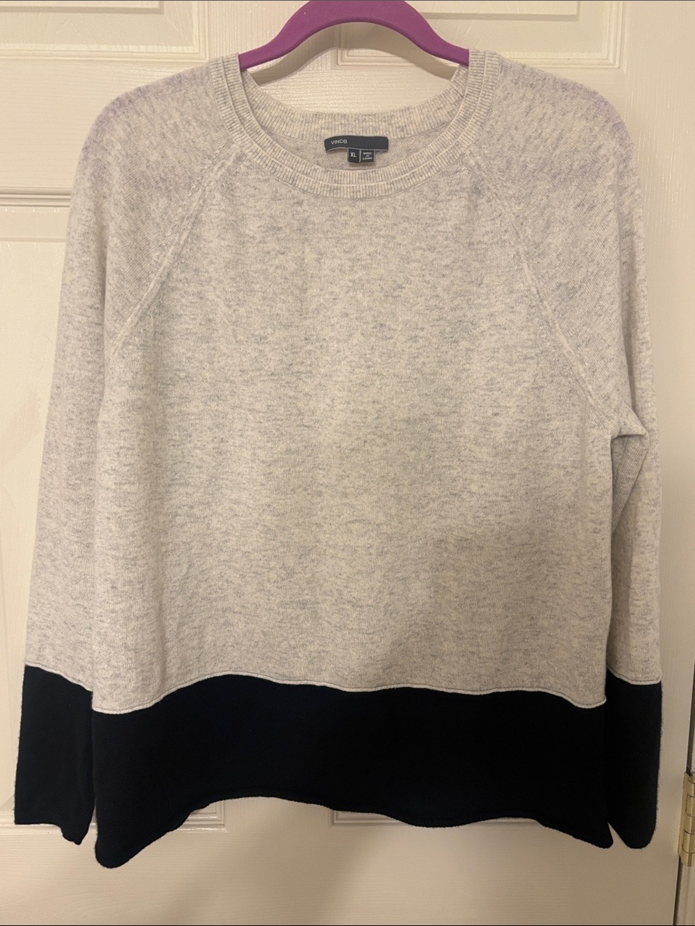 Vince Light Heather Gray and Black Crewneck Cashmere Sweater Large